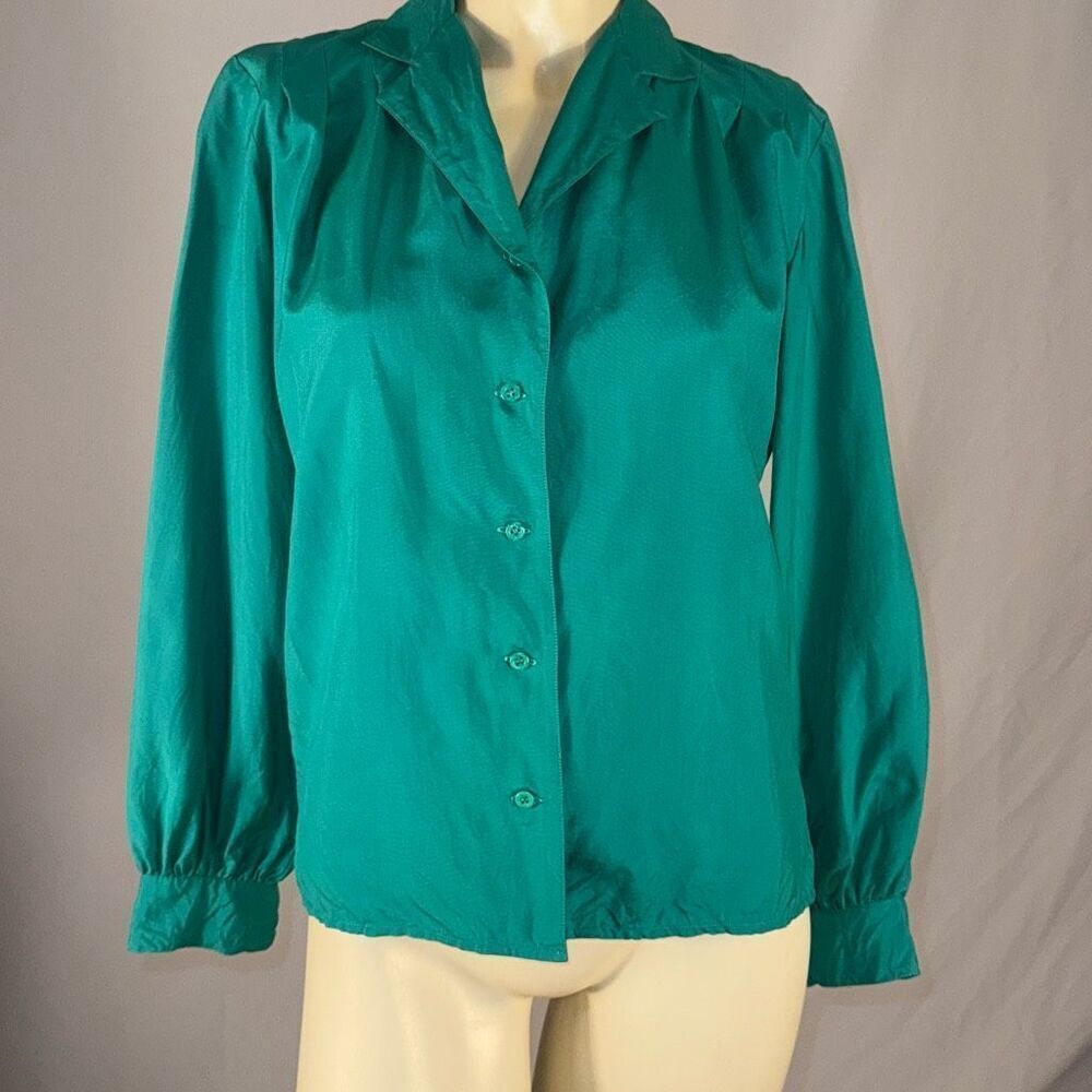 Vintage Lands’ End Silk Green Long Sleeve Button Down Blouse Size 4‎